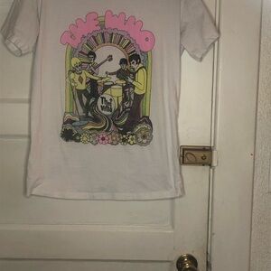White Short Sleeve Graphic Tee with Multicolor Band Art